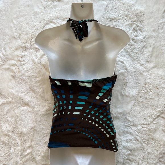 BCBG MaxAzria Halter Top Blue Geometric Print Top - Picture 3 of 6